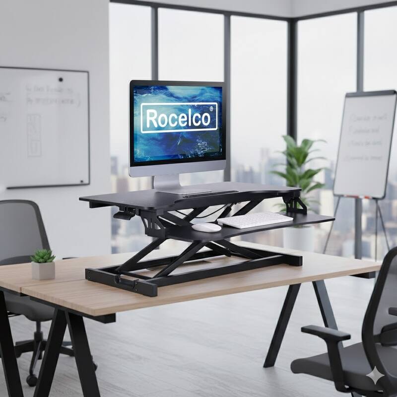 Rocelco 31.5 in. W Black Standing Desk Converter Dual Monitor Riser with Tablet Mount, Height Adjustable and Deep Keyboard Tray