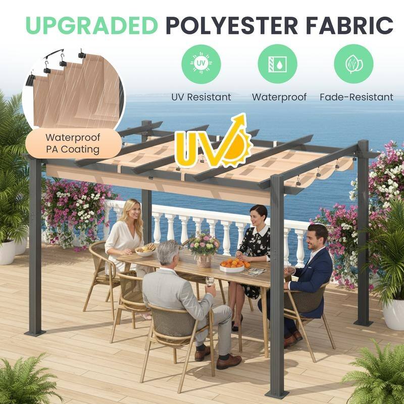 EROMMY 10' x 13' Outdoor Pergola with Retractable Canopy, Heavy-Duty Metal Frame and Adjustable Patio Shade Roof