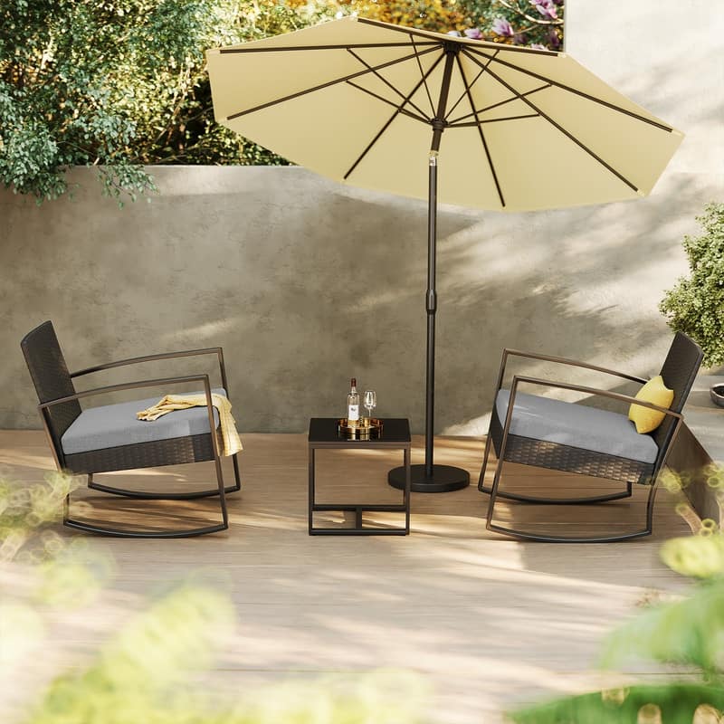 3 Pieces Wicker Patio Set Outdoor Rocking Bistro Patio Outdoor Furniture Rattan Sets with Cushion, Chair Set with Glass Table