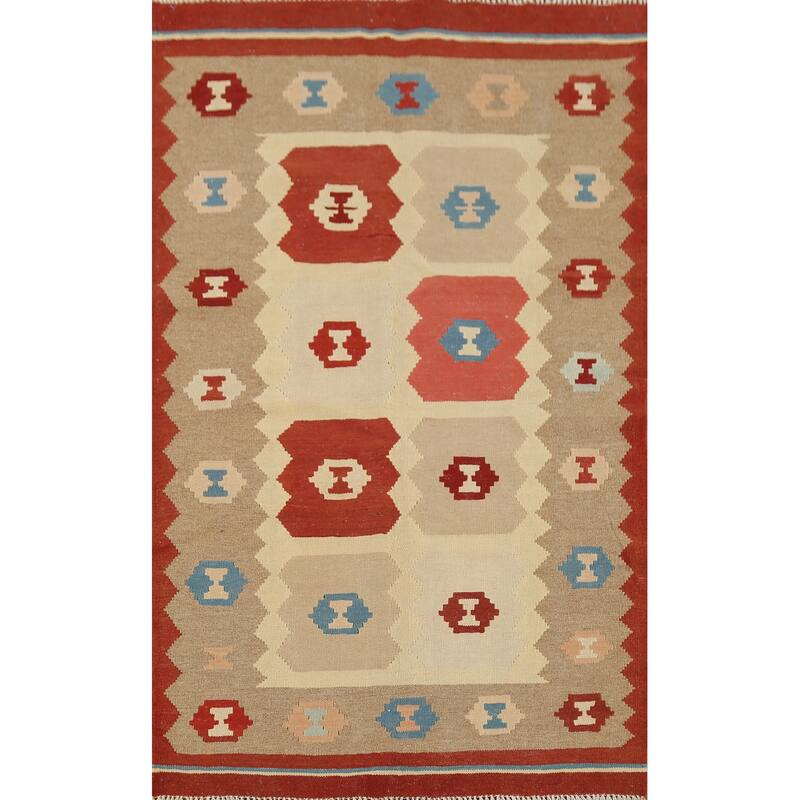 Hand-Woven Geometric Kilim Persian Accent Rug Handmade Wool Carpet - 3'2"x 4'11"