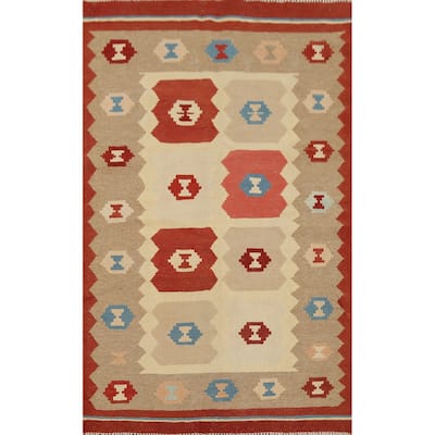 Hand-Woven Geometric Kilim Persian Accent Rug Handmade Wool Carpet - 3'2"x 4'11"