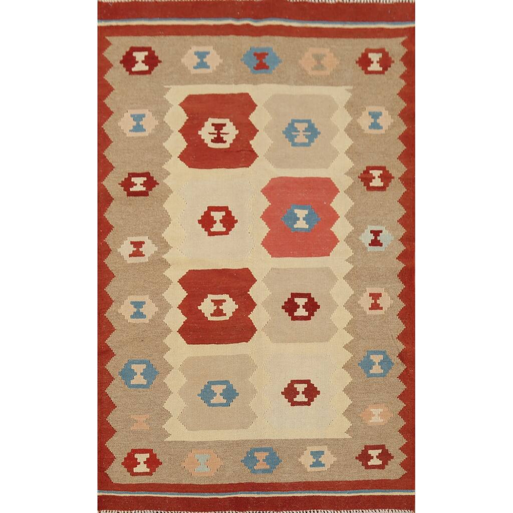 Hand-Woven Geometric Kilim Persian Accent Rug Handmade Wool Carpet - 3'2"x 4'11"