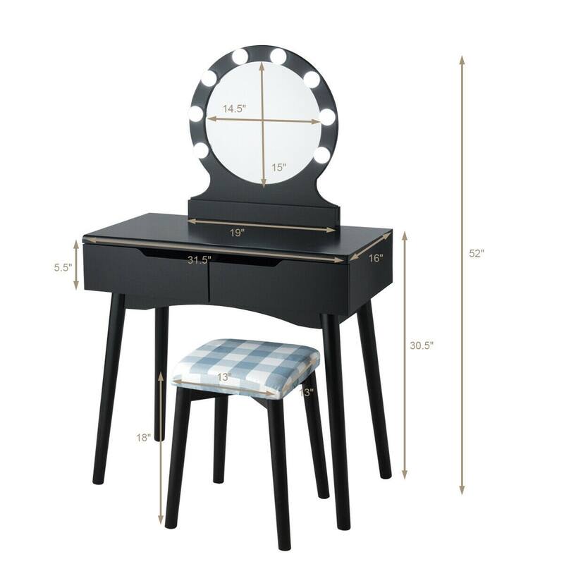 Dressing Table with Large Round Mirror and 8 Light Bulbs for Bedroom - 31.5" x 16" x 52" (L x W x H)