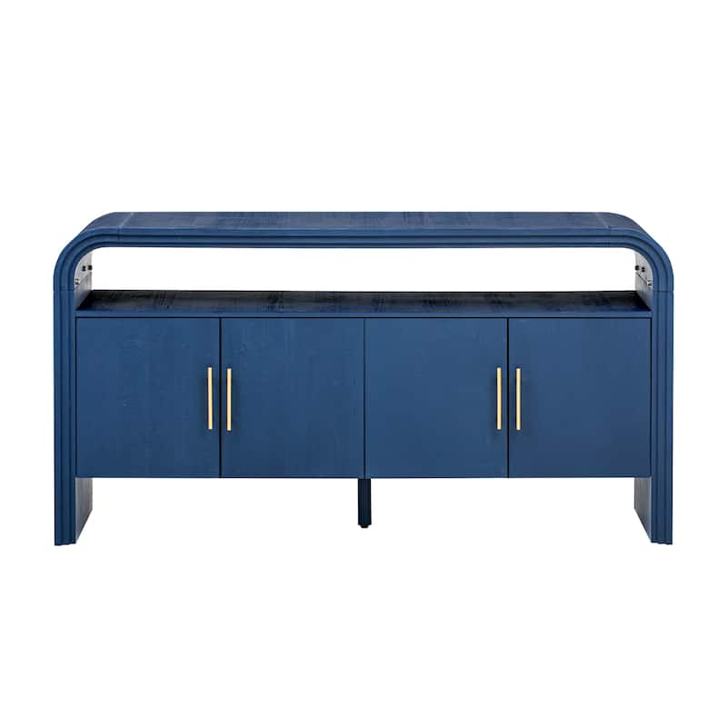 Curved Sideboard with 4 Doors, Wood Accent Entryway Console Table, Freestanding Buffet Cabinet with Open Shelves