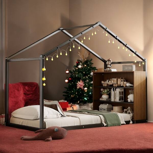 slide 2 of 32, Metal PlayHouse Bed Frame with Shelves and LED Warm Lighting Black - Twin