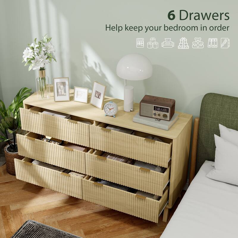 HOMCOM Fluted Dresser for Bedroom with 6 Drawers, 54" Wide Chest of Drawers with Gold Finger Pulls and 5 Wood Legs