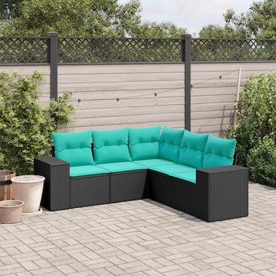vidaXL 5 Piece Patio Sofa Set with Cushions Black Poly Rattan