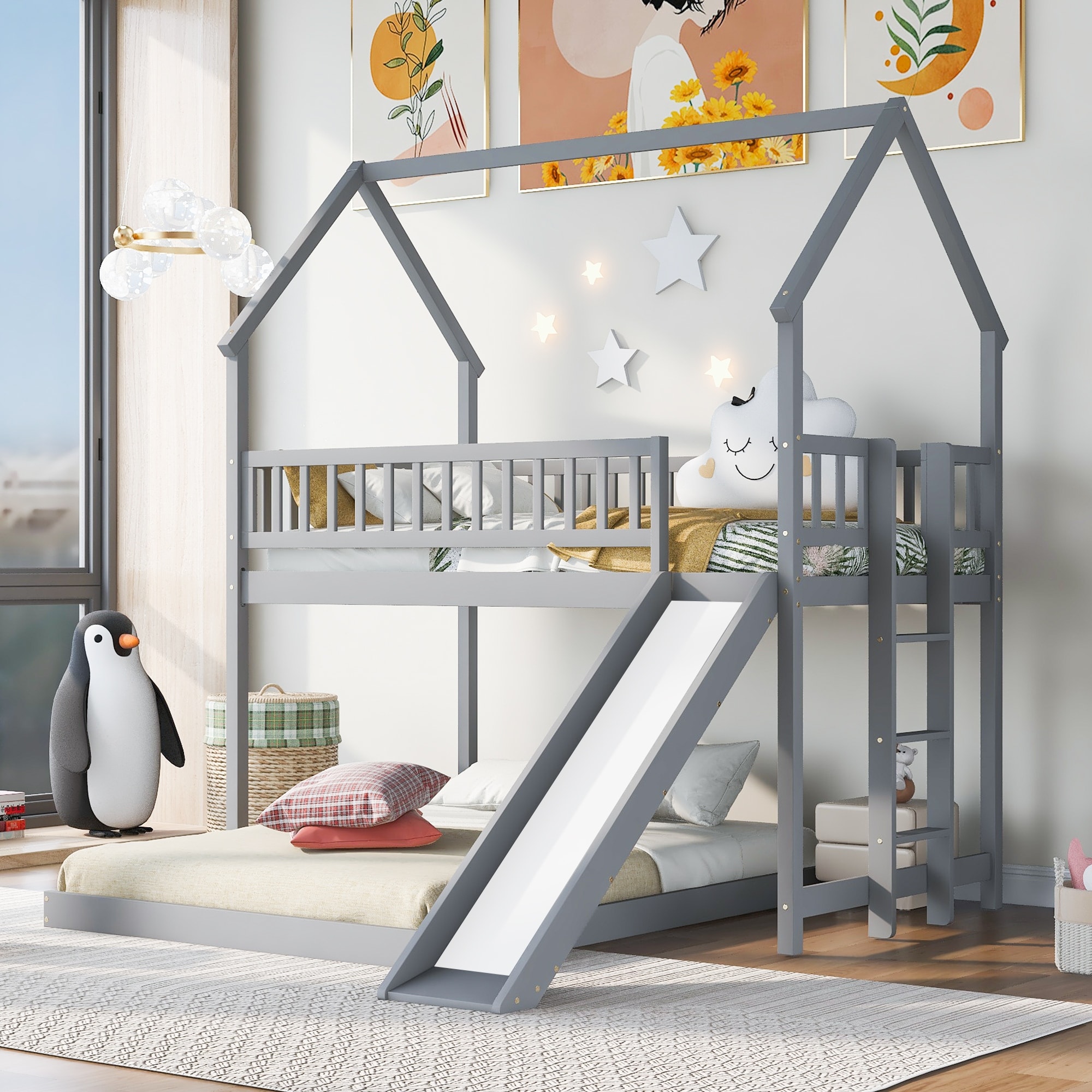 Twin over Full House Bunk Bed with Slide and Built-in Ladder, Full-Length Guardrail,Made of high-quality Solid Pine Wood,Gray