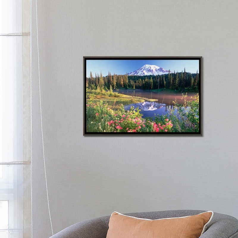 iCanvas "Mt Rainier And Wildflowers At Reflection Lake, Mt Rainier National Park, Washington" by Tim Fitzharris Framed