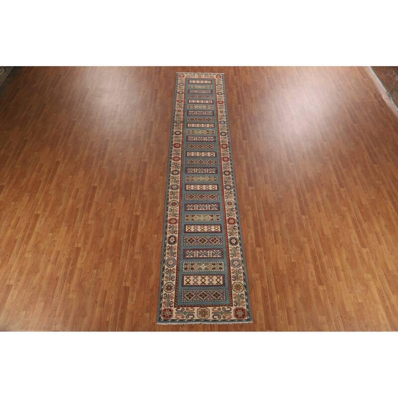 Kazak Runner Rug Handmade Blue Wool Carpet - 3'2" x 16'4"