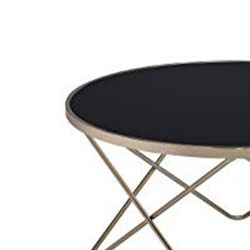 18 Inch Glass Top Coffee Table with Metal Base, Black and Gold - 18 H x 34 W x 34 L Inches
