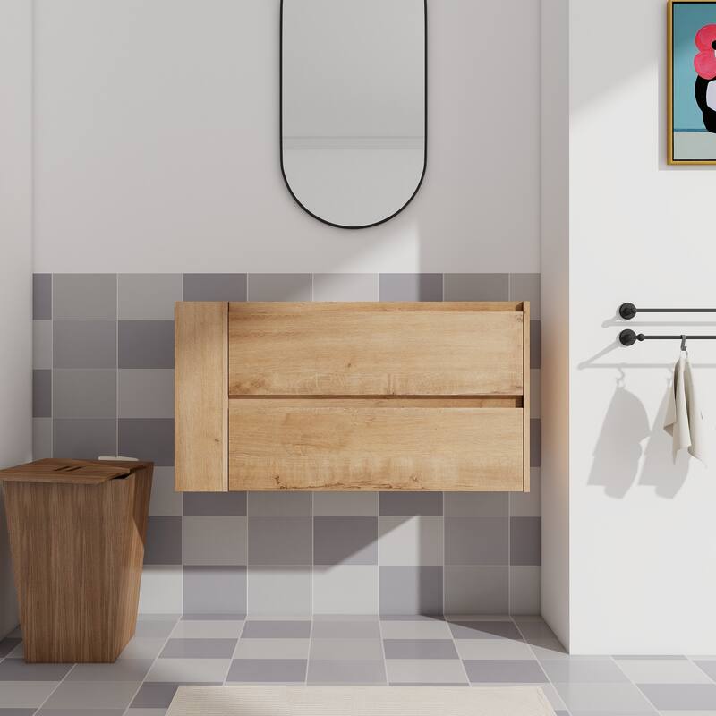 36" Wall-Mounted Bathroom Vanity, Double Soft-Close Drawers, Adjustable Side Rack, 45° Bevelled Invisible Handle - 35.19in L Plywood - 35.19in L Imitative Oak