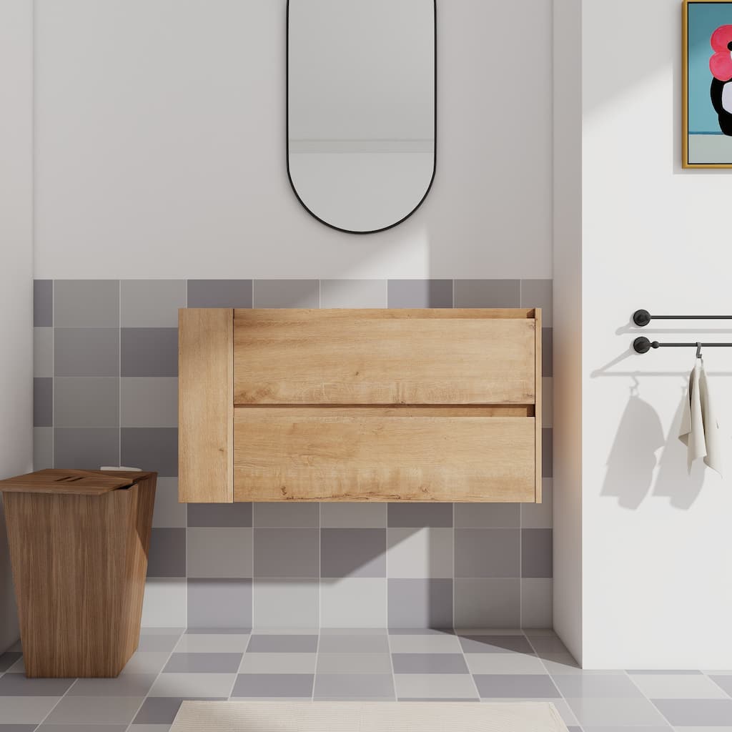 36 Inch Wall-Mounted Bathroom Vanity Base with Soft-Close Drawers, Adjustable Side Shelf and Angled Edge Handles