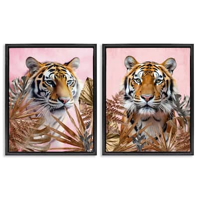 Stupell Fierce Tigers & Gold Leaves Framed Floater Canvas Wall Art Design By Kim Allen (Set of 2)
