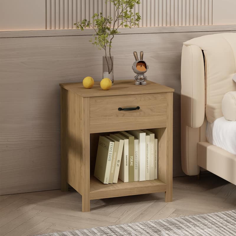 Wood Nightstand with Drawer and Open Shelf, Modern Bedside Table with Storage, Wooden End Table for Bedroom