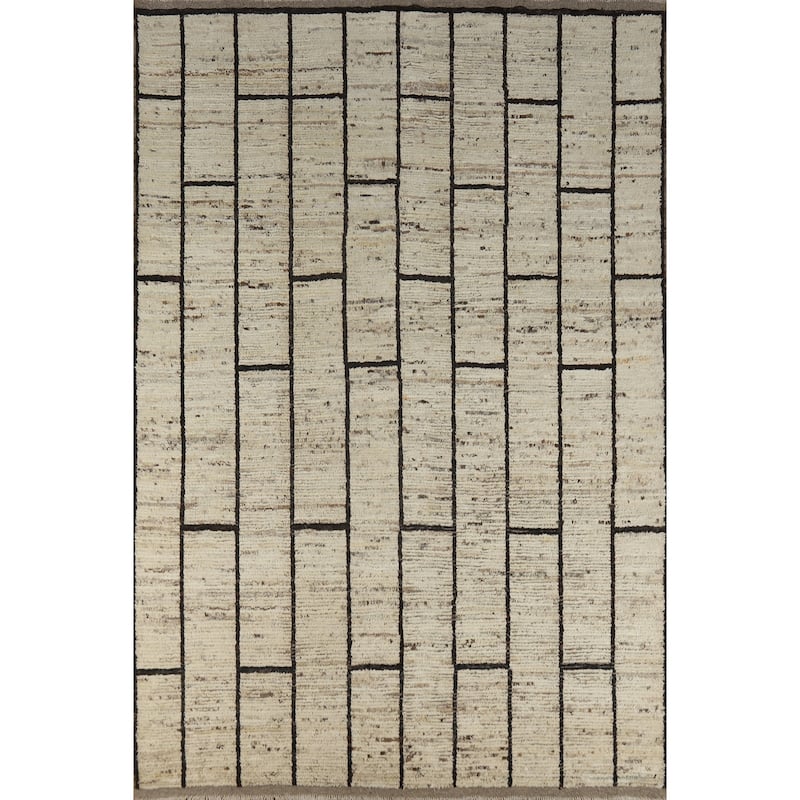 Geometric Moroccan Area Rug Hand-Knotted Beige Wool Carpet - 7'0" x 9'9"