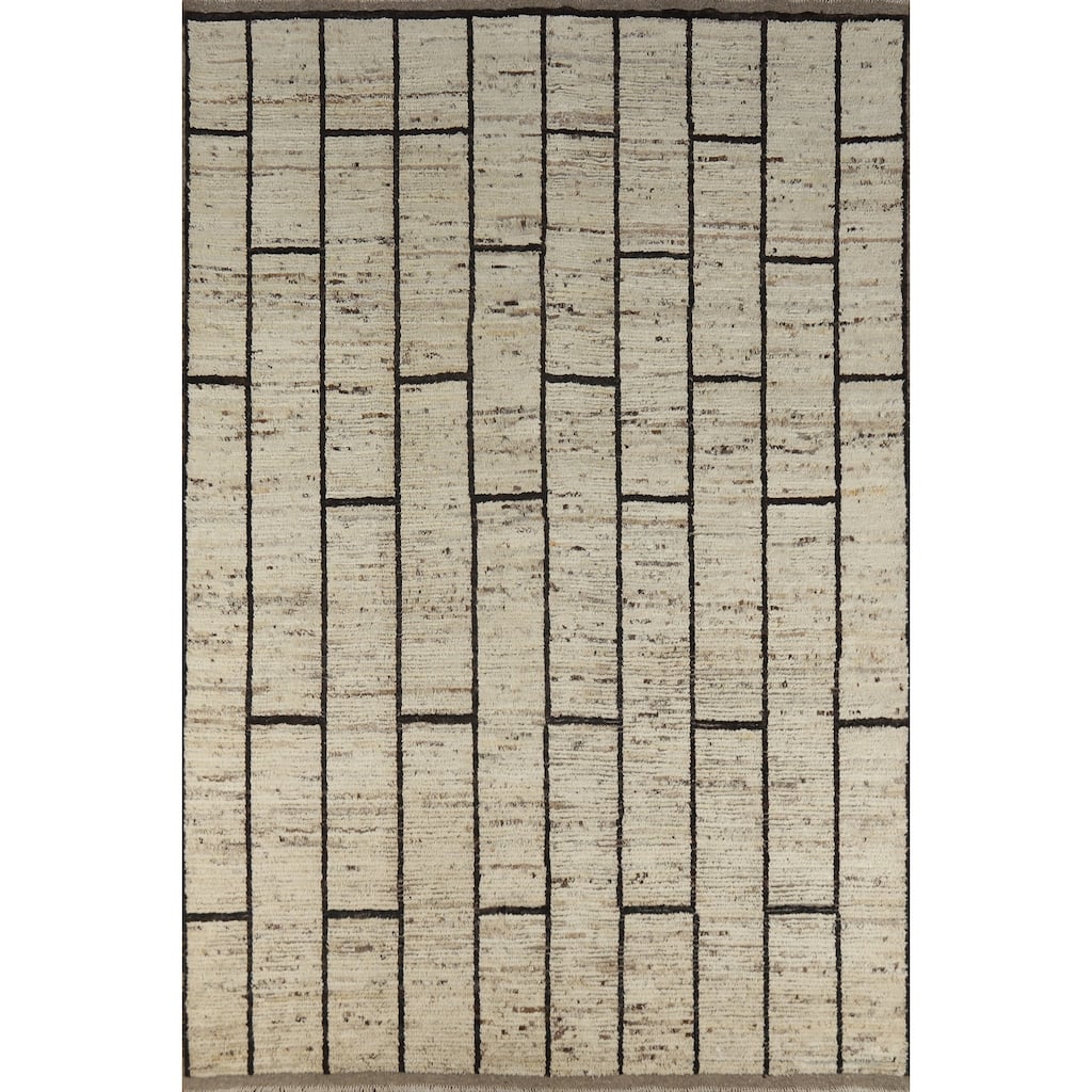 Geometric Moroccan Area Rug Hand-Knotted Beige Wool Carpet - 7'0" x 9'9"