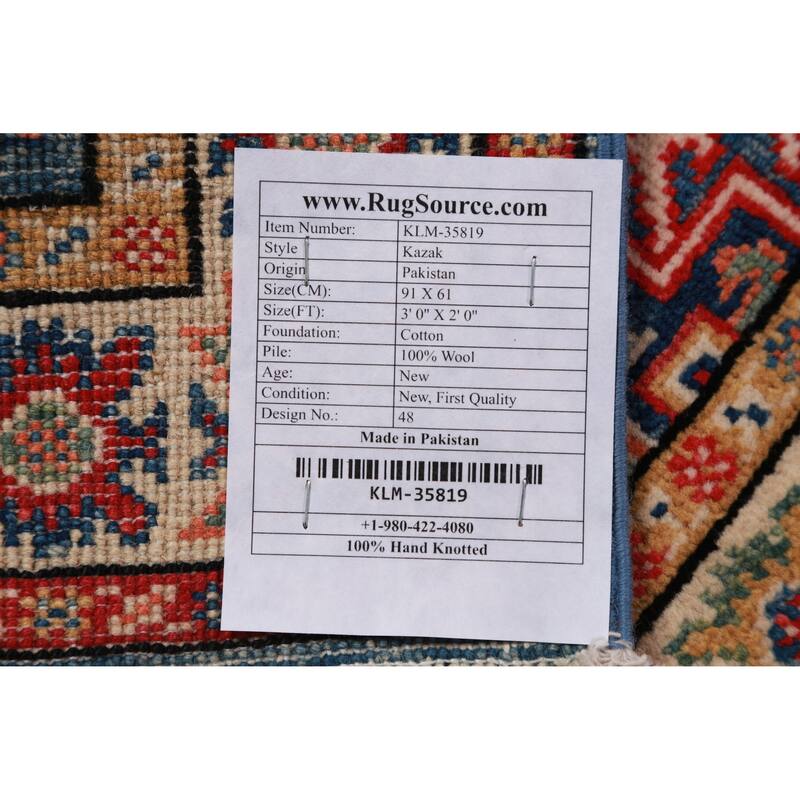 Geometric Kazak Oriental Foyer Rug Hand-Knotted Blue Wool Carpet - 2'0"x 3'0"