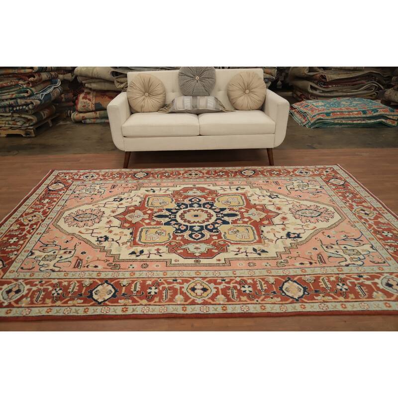 Hand Knotted Oriental 100% Wool Carpet Traditional Medallion Beige & Ivories Heriz (serapi) Area Rug - 9' 3'' X 6' 3''