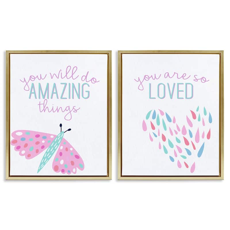 Stupell Pastel Inspirations with Dragonfly Framed Floater Canvas Wall Art Design By Kim Allen (Set of 2) - 17 x 21 - Gold