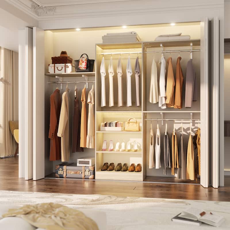 96'' W Walk-in Closet System with 4 Hanging Rods and 3 Shelving Towers, Sturdy Closet Organizer with Storage Shelves - White Oak