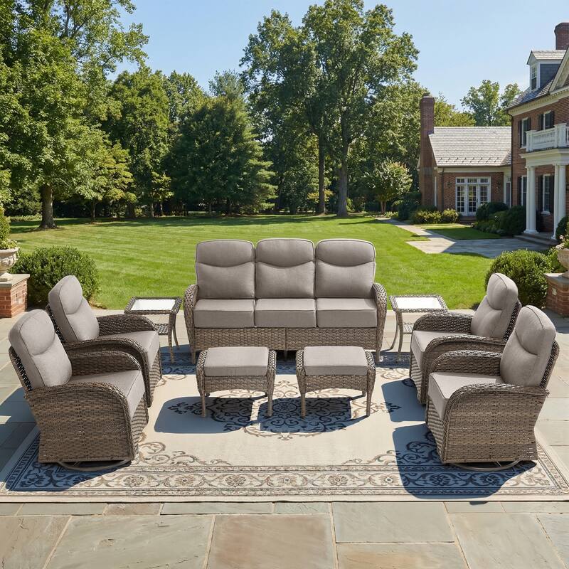 Pocassy Outdoor Wicker Patio Sofa with Swivel Chair Ottoman Sets - Brown Wicker Gray Cushion - 9-Piece Sofa Swivel Chair with Ottoman