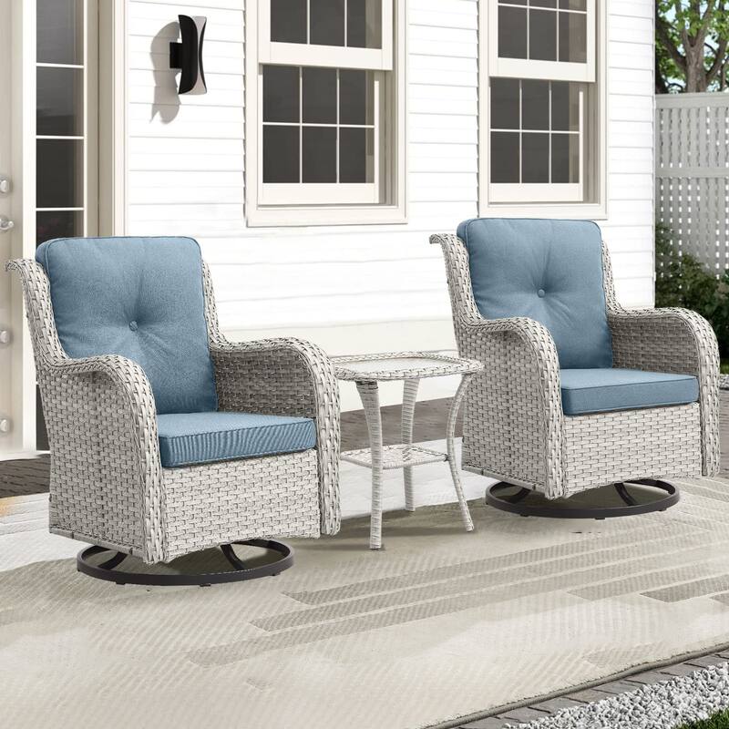 Pocassy Outdoor 4 Inch Swivel Chairs Glider Chairs - Light Beige Wicker Baby Blue Cushion - 3PCS Swivel Chair with Table