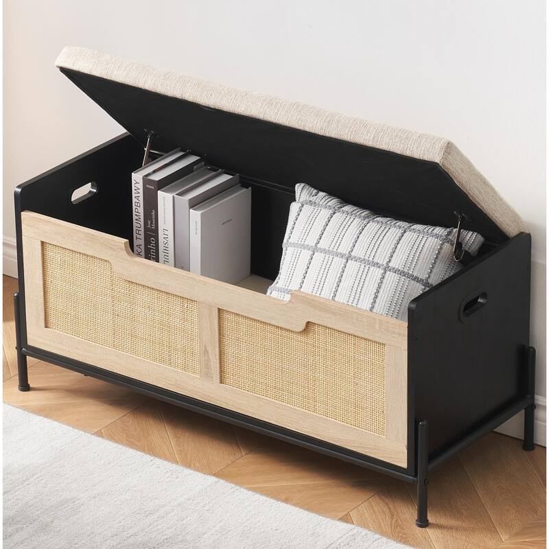 Square Rattan Foot Rest Stool, Storage Entryway Bench for Small Spaces, Storage Ottoman for Living Room Coffee Table, - large
