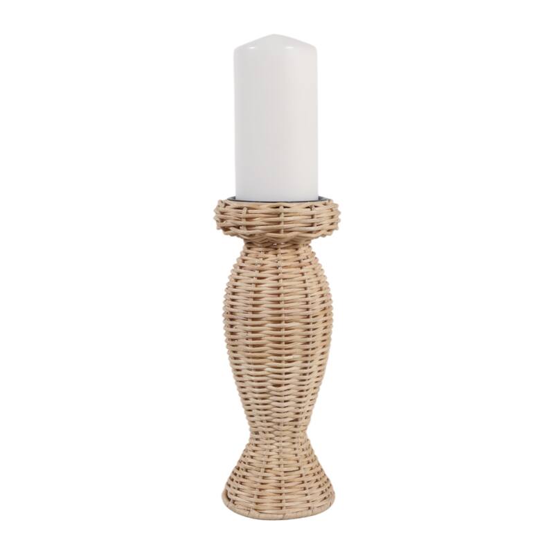 Candle Holder - Brown Metal Handwoven Raffia Pillar