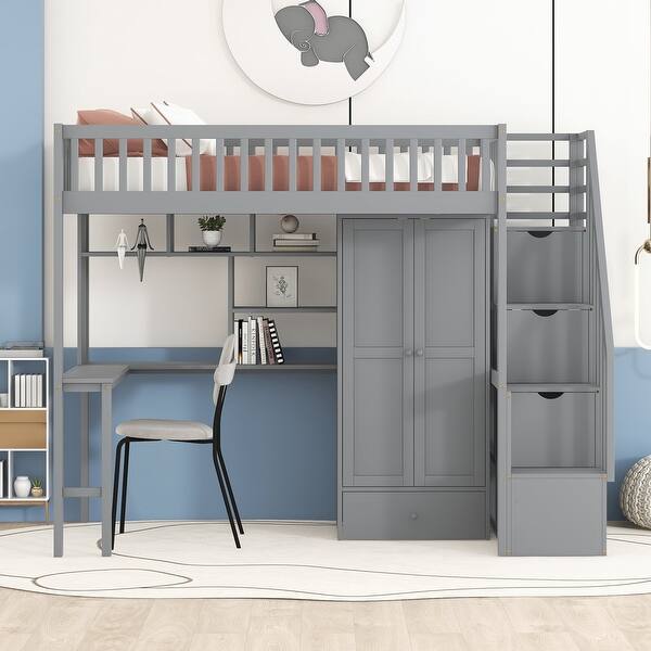 slide 2 of 35, Twin size Loft Bed with Bookshelf,Drawers,Desk,and Wardrobe