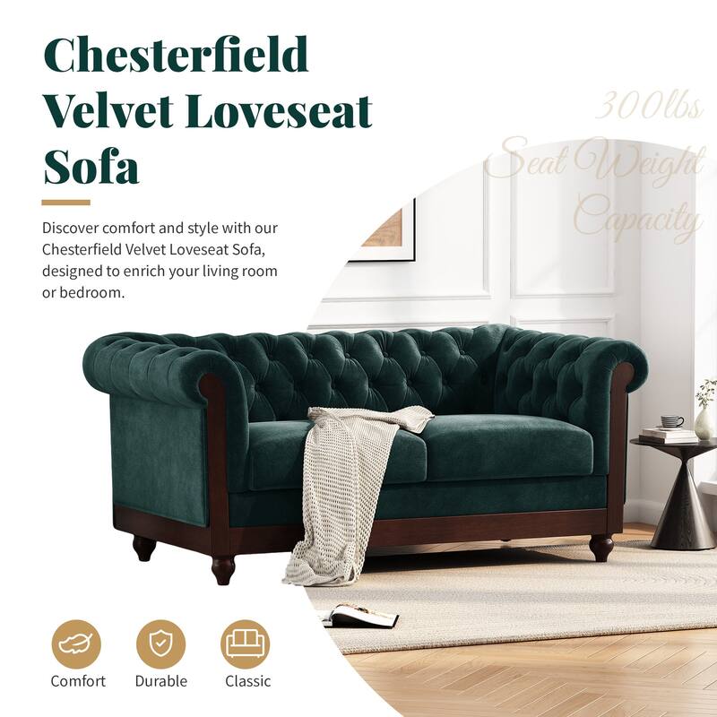 59.44" Chesterfield Velvet Loveseat Sofa - Dark Green