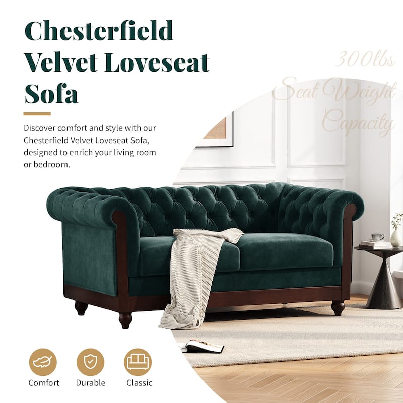 Velvet Loveseat Sofa, with Tufted Button Lounge Couch, Upholstered Sofa Couch 2-Person Rolled Armchair for Living Room