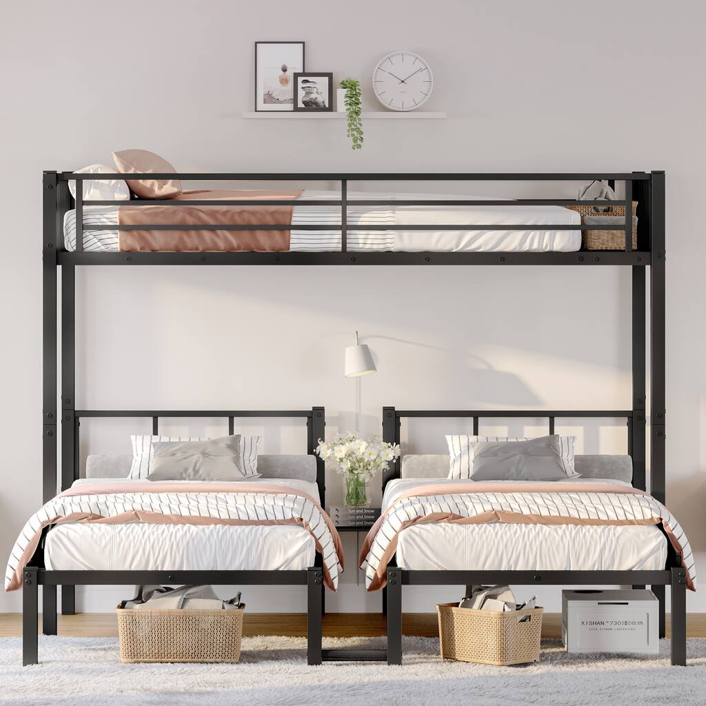 Black Metal Triple Bunk Bed, Twin Over Twin & Twin XL Over Twin with Guardrails