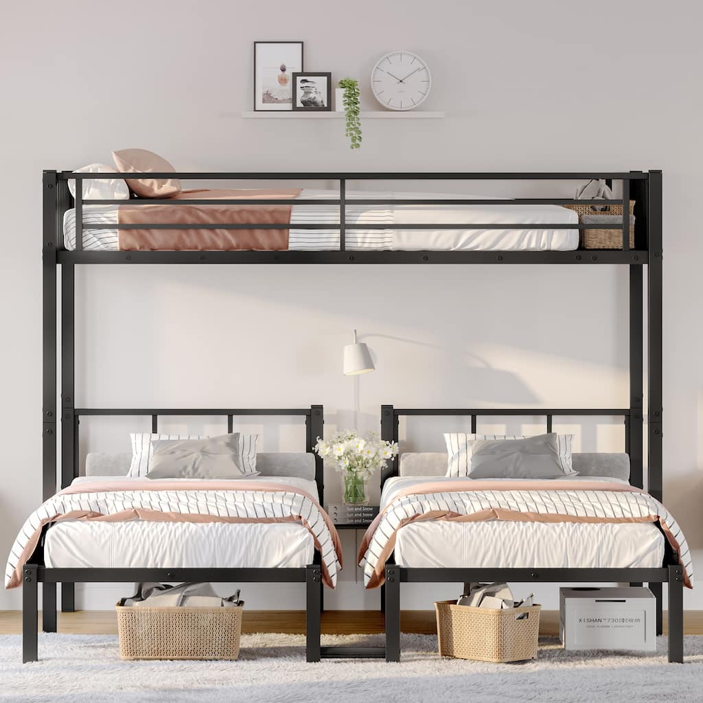 L-shaped Detachable Metal Triple Bunk Bed of 3, Twin XL Over Twin & Twin Bunk Bed with Guardrails, Shelves and Exchange Ladder