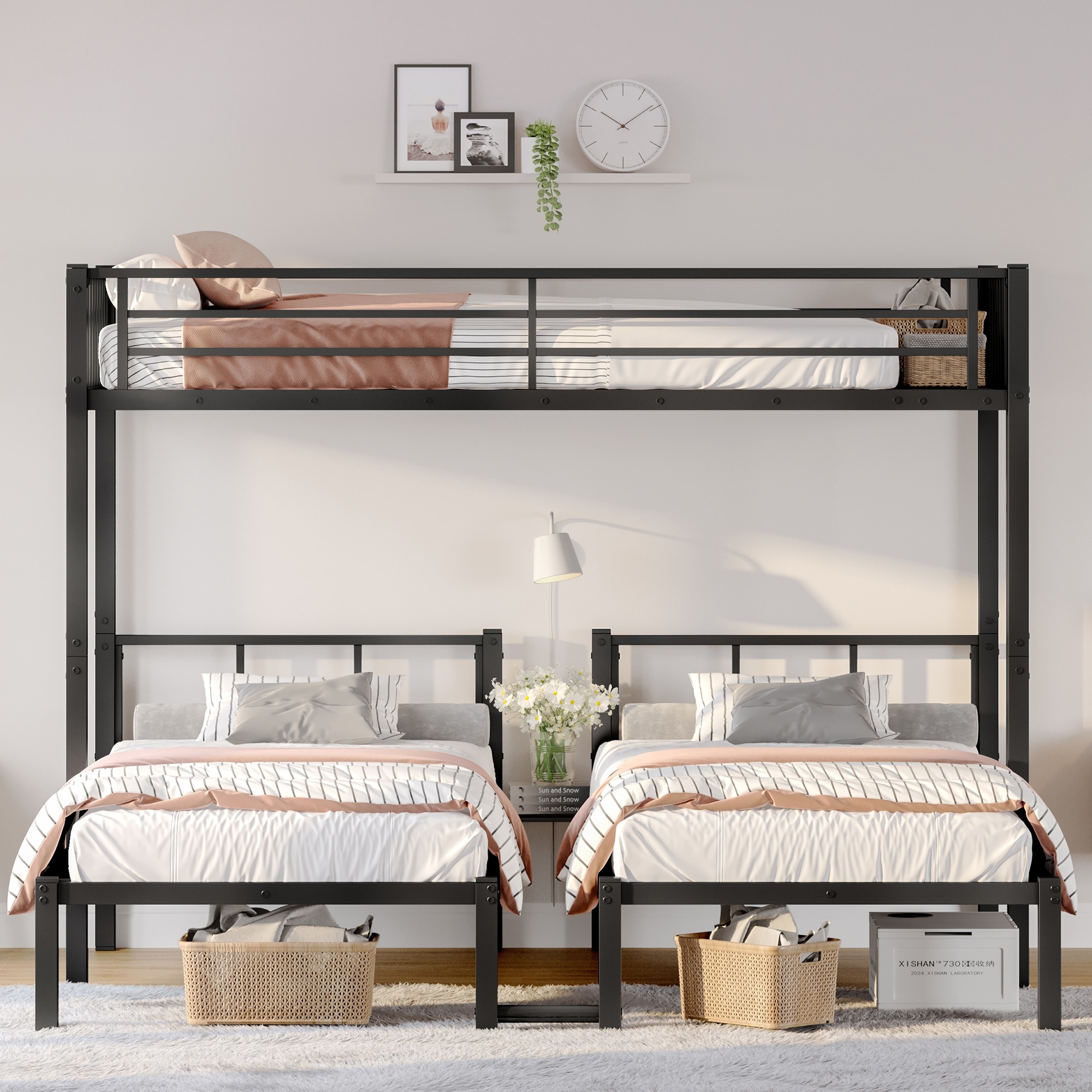 Roomfitters Twin over Twin & Twin Triple Bunk Bed, L-Shape Metal Bunk with Guardrails and Shelf, Black