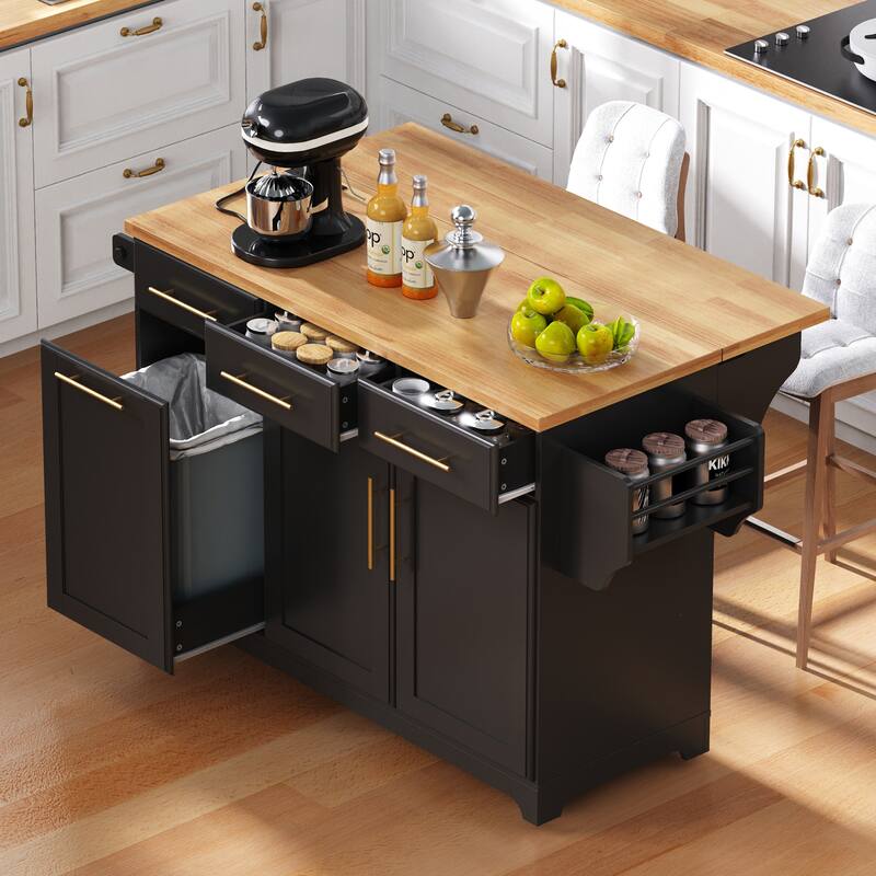 59" Rolling Kitchen Island on Wheels with Trash Can Storage Cabinet, Island Table for Kitchen with Power Outlet, Storage Rack