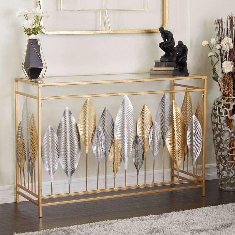 Metal Leaf Rectangular Console Table with Mirrored Glass Top and Gold Accents - Silver, Black or Gold - Roche River Decor