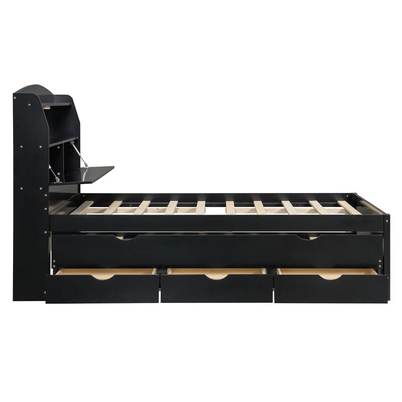 Full Size Wooden LED Platform Bed with Trundle, with Storage Headboard, with Drawers