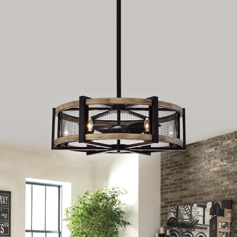 Samual Wood Grain Ceiling Fan 31-Inch 6-Light Geometric Metal Drum Shade (Includes Remote)