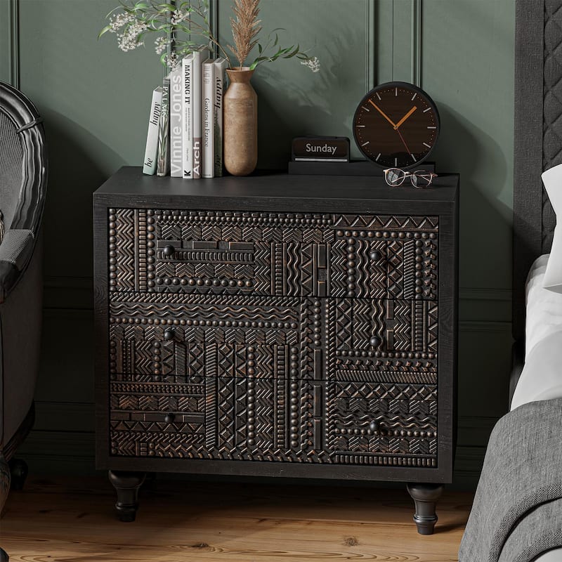 COZAYH 3 Drawer Farmhouse Dresser with Geometric Carved Pattern, Vintage Accent Wood Storage Chest for Living Room, Bedroom - Black