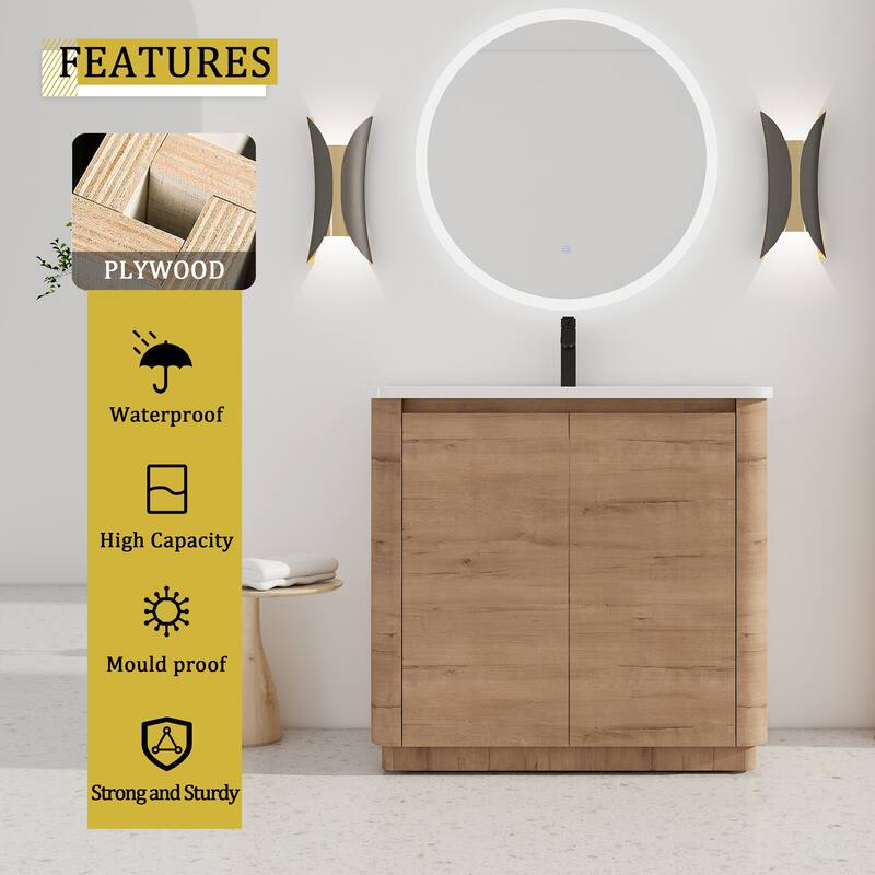 36" Freestanding Bathroom Vanity with Ceramic Sink & 2-Soft-Close Door, KD-Packing, Plywood