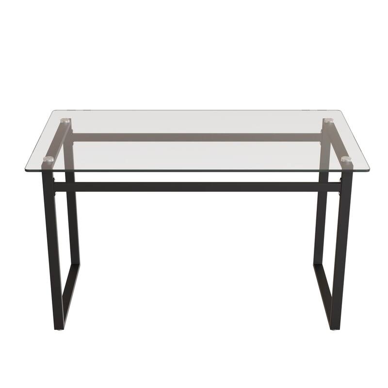 Modern Minimalist Rectangular Glass Dining Table for 4-6 with 0.31" Tempered Glass Tabletop and Black Chrome Metal Legs