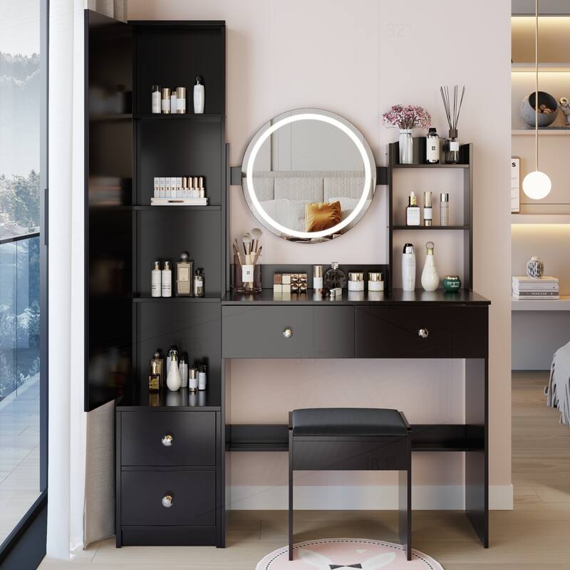 Versatile Vanity Table Set with LED Mirror and Storage