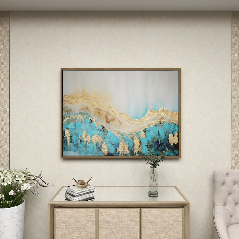 Canvas Abstract Wave Framed Wall Art with Gold Foil Accents - Blue - Roche River Decor
