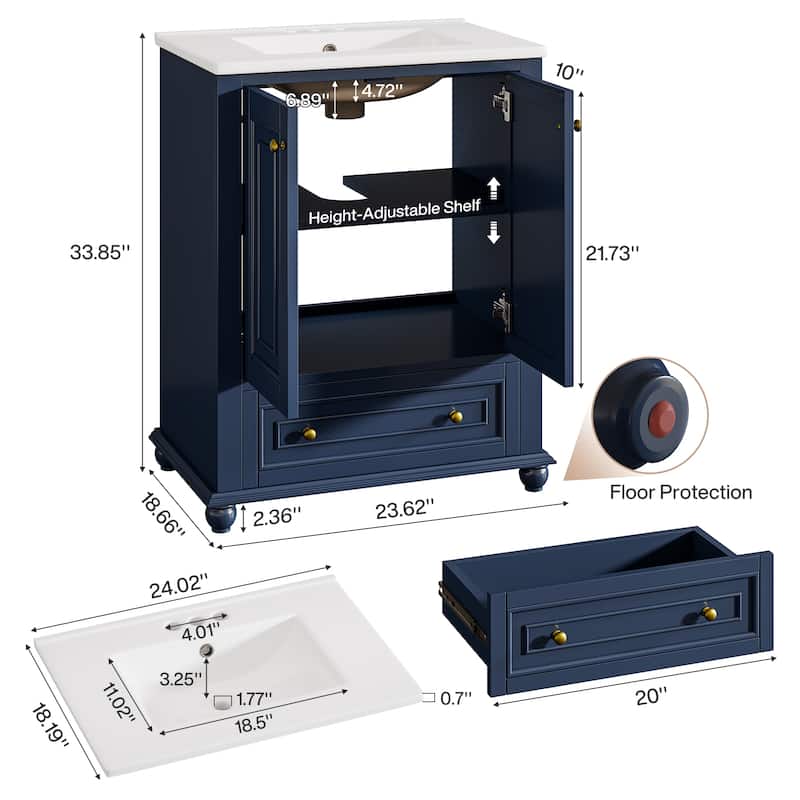 24'' Modern Freestanding Solid Wood Bathroom Vanity with Ceramic Sink, Adjustable Shelf Storage