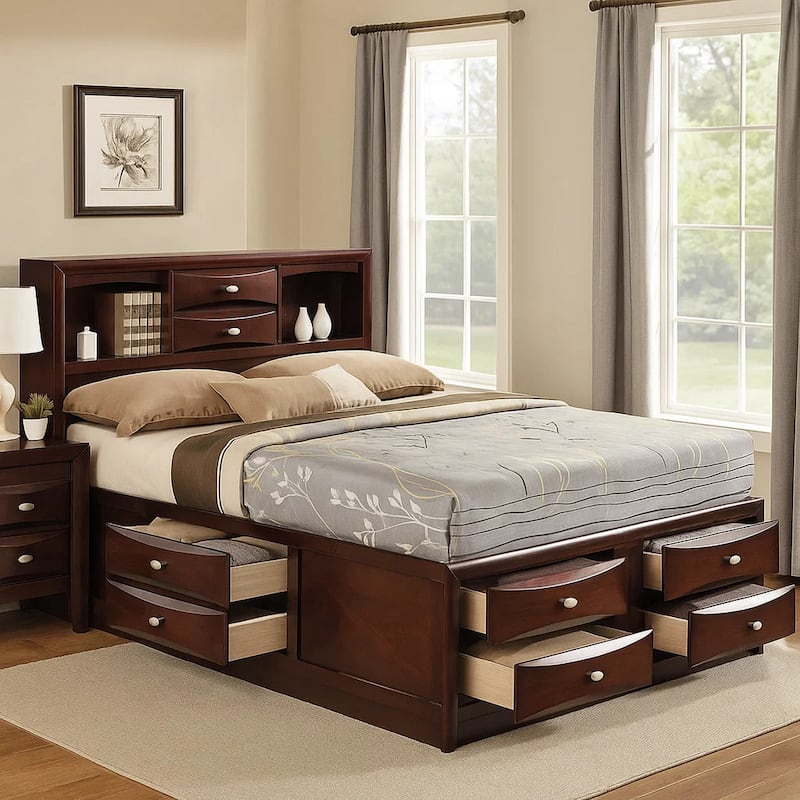Panel Design Queen Size Bed with Bookcase and Drawers, Brown