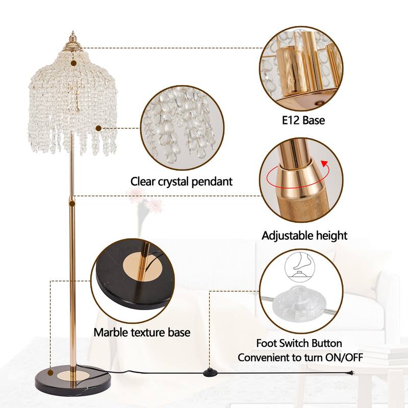 3-Light Crystal Floor Lamp - Grape Beads - Marble Base - Living Bedroom (Bulb Not Included)