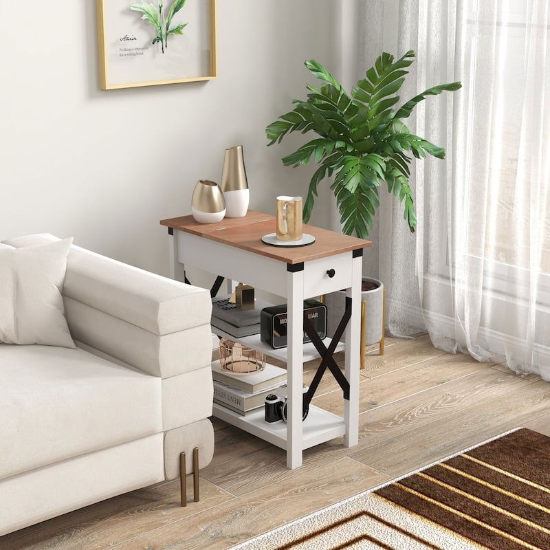 HOMCOM Side Table with Charging Station, End Table with 2 USB Ports and 1 Outlet, Storage Shelves for Living Room, White