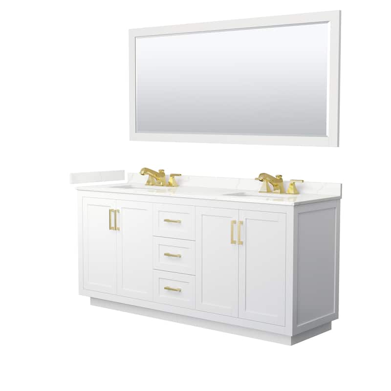 Miranda 72-inch Double Vanity, Quartz Top, 70-inch Mirror - White, Gold Trim, Giotto Quartz Top