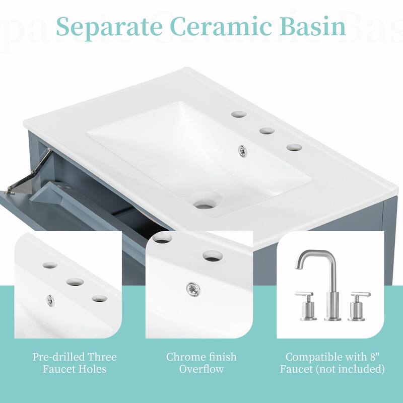 Bathroom Vanity with Sink, Modern MDF and Rubberwood Cabinet with 3 Drawers and Adjustable Shelf